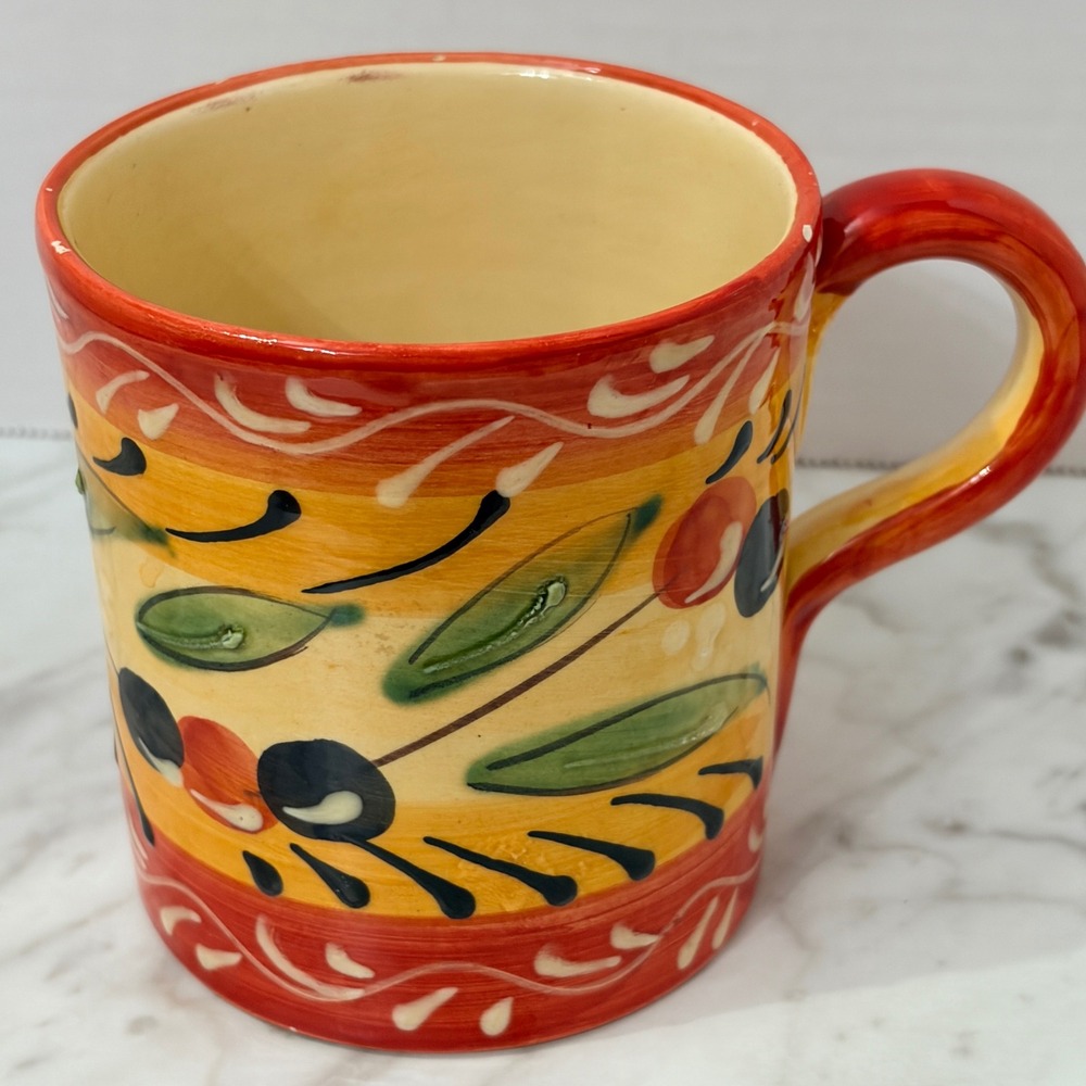 Hand Painted Mediterranean Olive Ceramic Coffee Mug Red Orange Yellow Tuscan‎